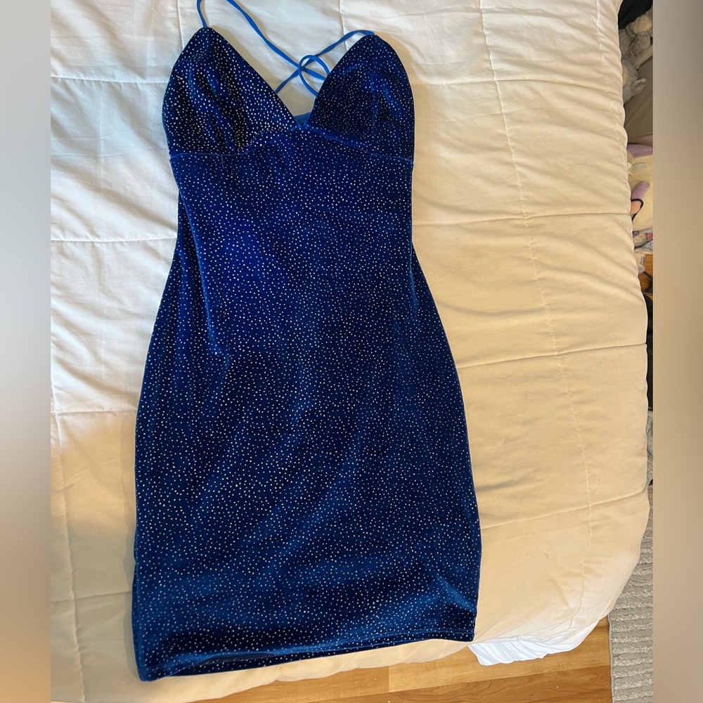 velvet sparkly blue homecoming dress